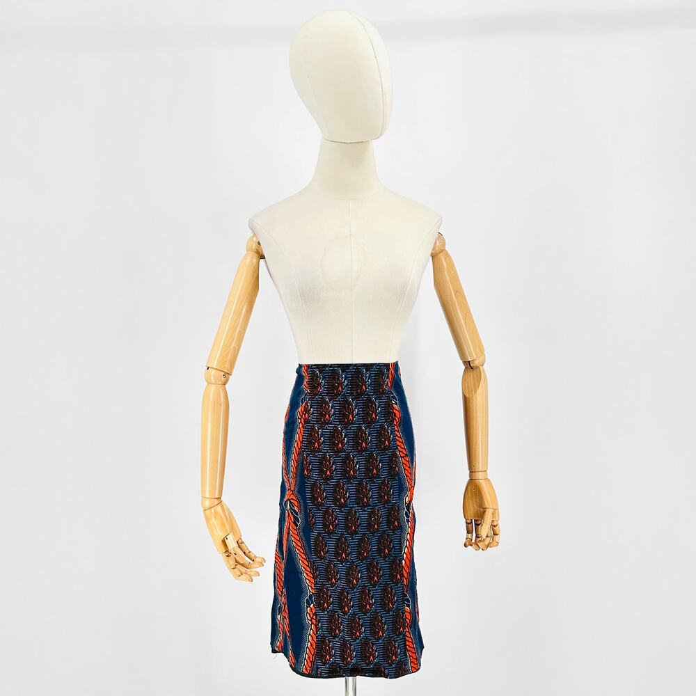 Navy Blue Orange African Ankara Ethnic Cotton Wax Print Sankofa Pencil Skirt